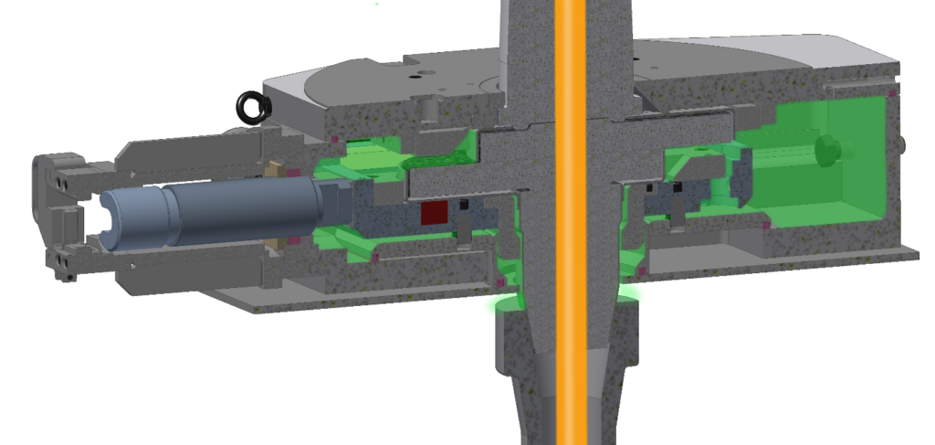 Das Bild zeigt einen Querschnitt durch einen Zweiplattenschieber der Firma Knoellinger FLO-TEC. Es zeigt schematisch wie Argon in den Schieber gespeist wird, im Bild grün dargestell, und das Inertgas so das Schieberinnere vor Re-Oxidation schütz und danach, auf die Kontakfläche von Schattenrohr und Ausgusshülse geleitete wird. In dem Bild ist gut die Abgedichtete Bauweise zu sehen, die verhindern soll, dass bei Stahlleckagen flüssiger Stahl austreten kann.