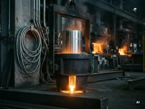 Aerospace-grade steel billet in a precision ladle shroud system, molten amber steel glowing through a gate aperture with argon gas lines behind.