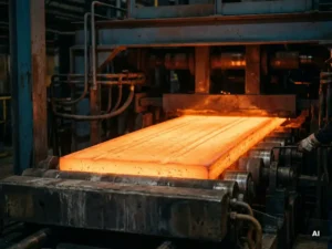Glowing steel slab exiting a continuous casting mold, with orange-hot surface showing oscillation marks and industrial machinery in the background.