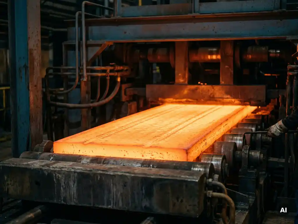 Glowing steel slab exiting a continuous casting mold, with orange-hot surface showing oscillation marks and industrial machinery in the background.