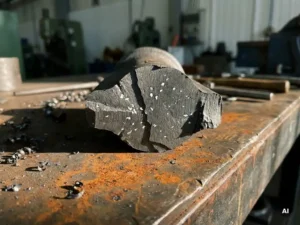Cross-sectioned high-alloy steel forging with bright white spot defects visible in dark metallic grain structure on an industrial workbench.