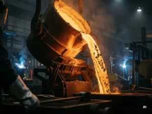 Steel ladle pouring molten metal in a foundry, with refractory slide gate visible and sulfide inclusions suggested in the swirling amber stream.