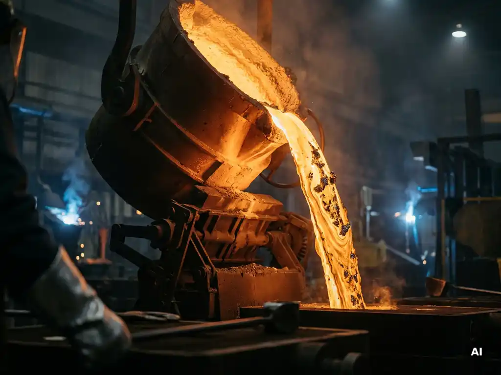 Steel ladle pouring molten metal in a foundry, with refractory slide gate visible and sulfide inclusions suggested in the swirling amber stream.