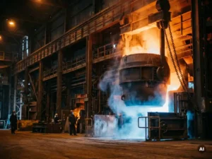 Molten steel ladle suspended over a secondary metallurgy station with argon gas purging through a slide gate valve, glowing amber light.