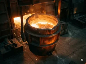 Molten steel ladle suspended above a casting floor, glowing orange and amber with argon gas purging ripples across the melt surface.