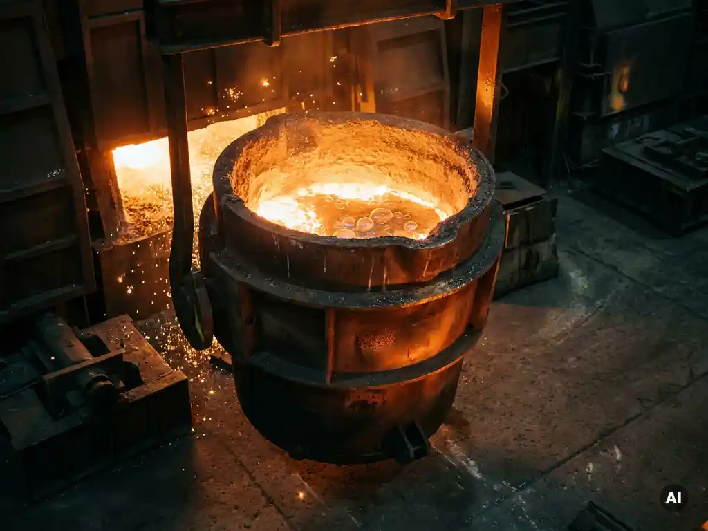 Molten steel ladle suspended above a casting floor, glowing orange and amber with argon gas purging ripples across the melt surface.