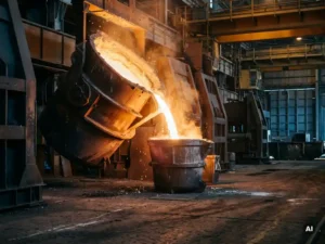 Molten steel pouring from a tilting ladle into a secondary metallurgy vessel, glowing orange and white with heat shimmer on a dark industrial steelmaking floor.