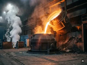 Molten steel ladle pouring bright orange stream into a converter, with white gas clouds rising and slag settling on a steelmaking floor.