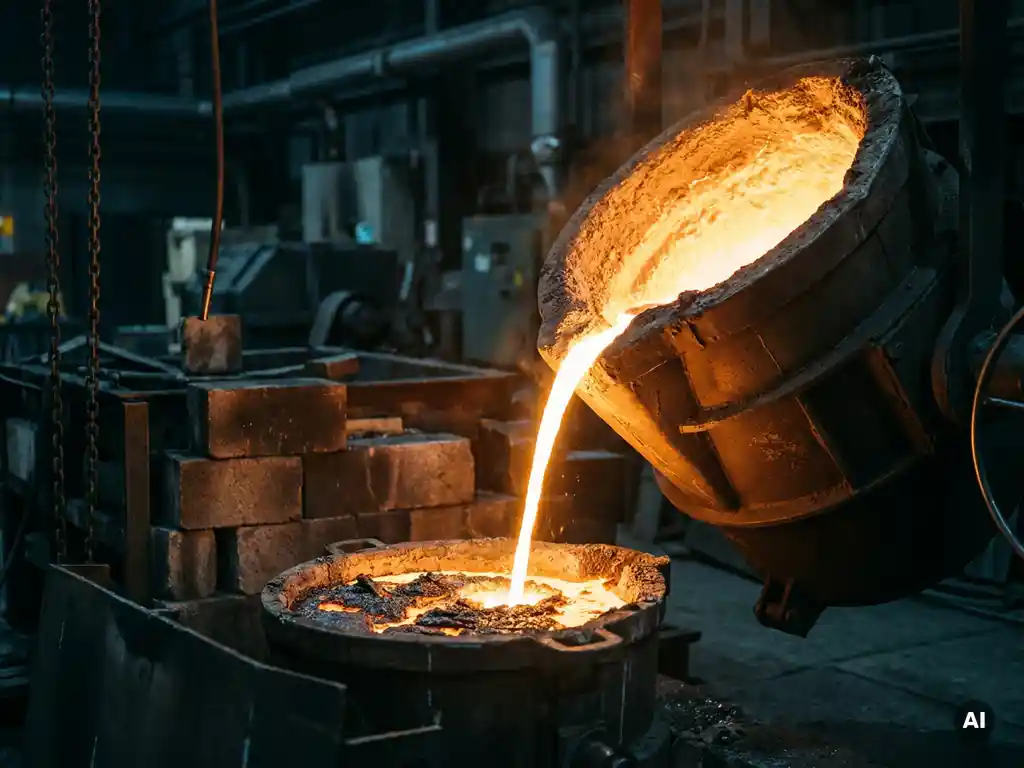 Molten steel ladle pouring liquid metal in a dimly lit mill, glowing amber stream with sulfur-removing slag floating on the surface.