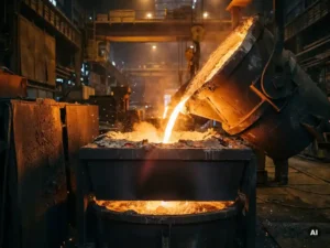 Molten steel stream pouring from a ladle shroud into a tundish, with oxygen bubbles disturbing the solidification shell at the meniscus.