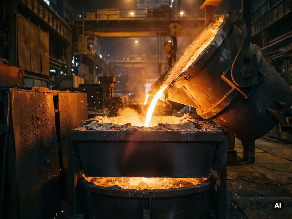 Molten steel stream pouring from a ladle shroud into a tundish, with oxygen bubbles disturbing the solidification shell at the meniscus.