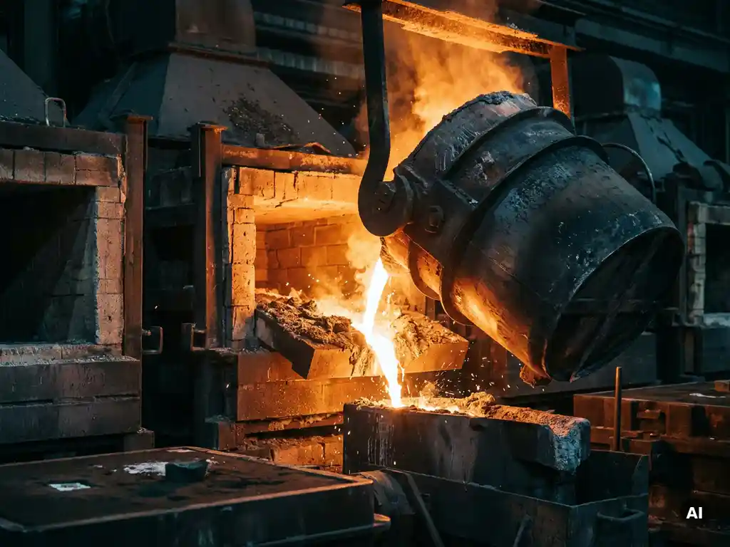 Steel ladle pouring molten metal in a darkened foundry, orange liquid steel cascading with slag and oxidation reactions visible at the stream's surface.