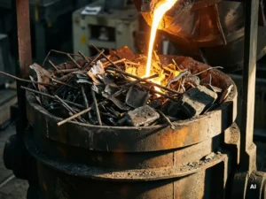 Scrap metal fragments including twisted rebar and jagged cast chunks fill an industrial ladle as molten steel pours in a glowing amber stream below.