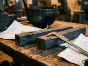 Two steel bar samples on an industrial workbench beside European mill markings, specification sheets, and calipers mid-measurement, with a ladle shroud in the background.