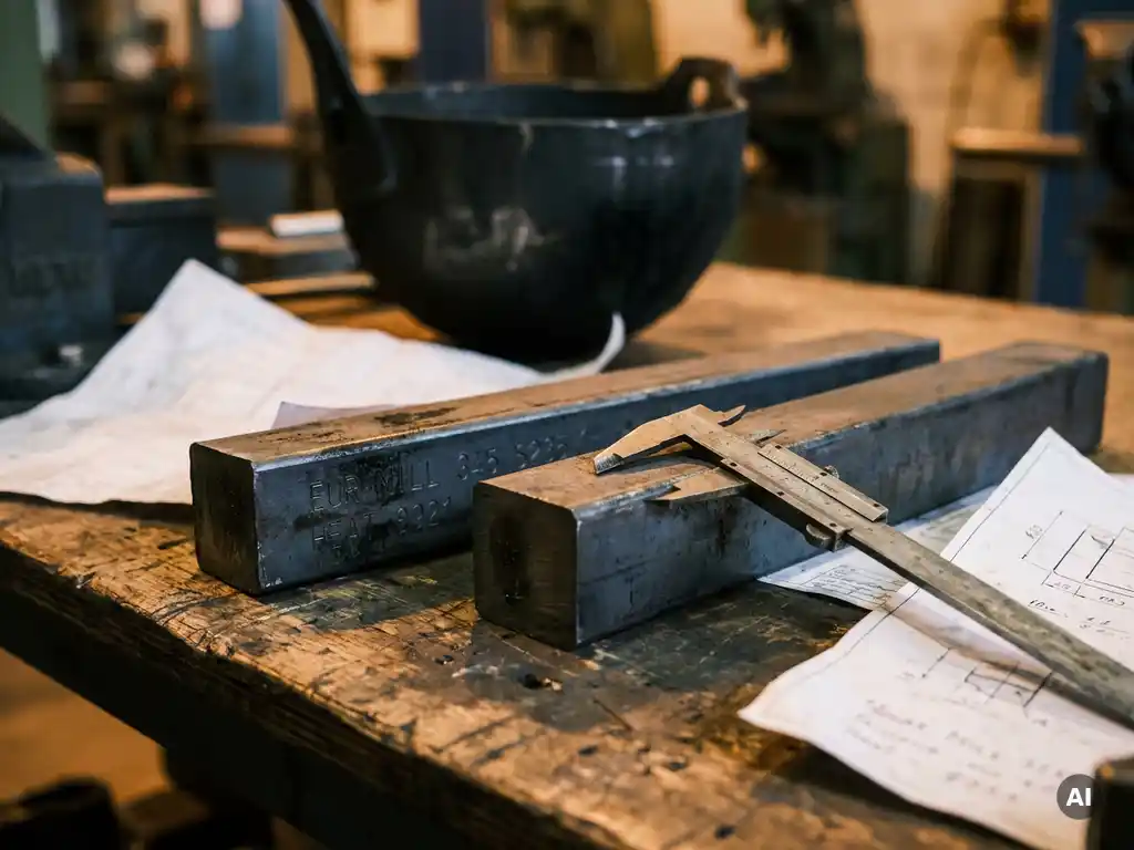 Two steel bar samples on an industrial workbench beside European mill markings, specification sheets, and calipers mid-measurement, with a ladle shroud in the background.