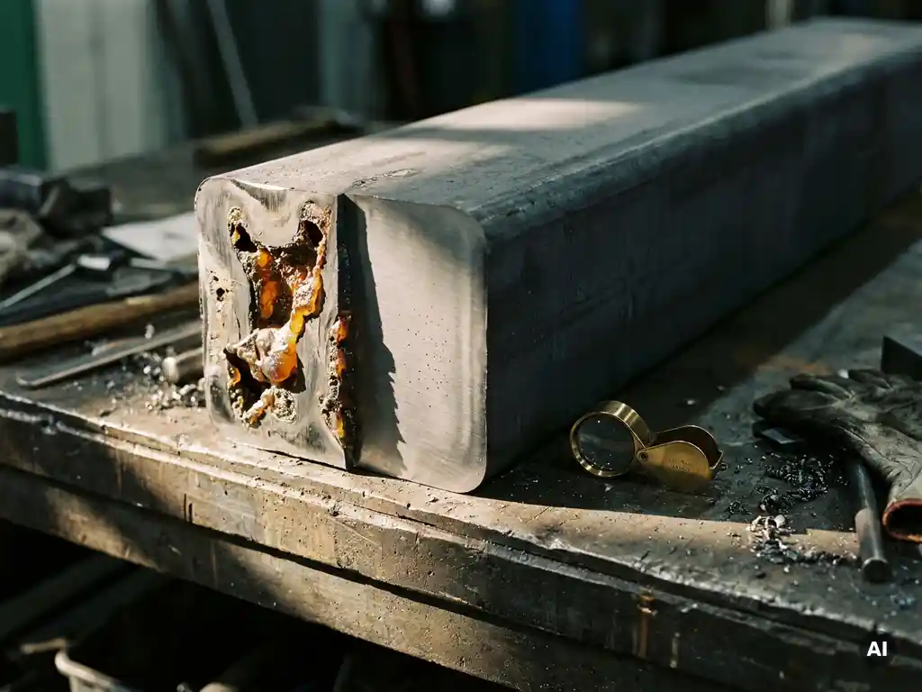 Steel billet cross-section showing large slag inclusions on one half versus clean fine particle integration on the other, lit dramatically on an industrial workbench.