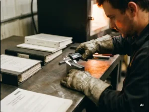 Metallurgist in heat-resistant gloves measuring a steel test sample with calipers beside specification binders, lit by amber furnace glow.
