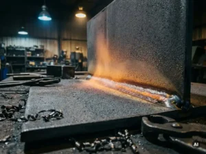 Glowing steel weld seam cooling on a thick plate in a dim metallurgical workshop, with amber heat glow, metal shavings, and industrial tongs nearby.