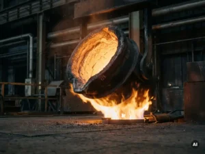 Tundish vessel glowing orange during preheating, refractory lining visible inside, burner flame casting upward shadows on a steelworks floor.