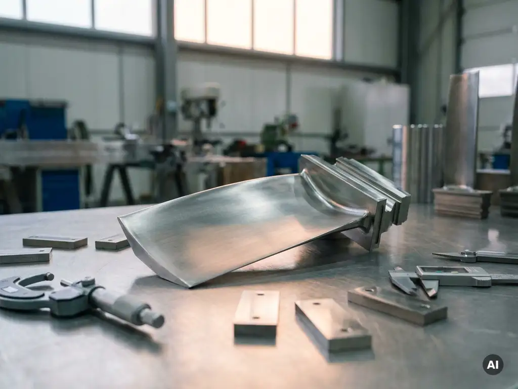 Precision-machined steel aerospace turbine blade on polished surface, surrounded by metallurgical test coupons and inspection gauges in a clean industrial workshop.