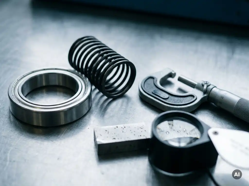 Polished bearing ring and coiled spring steel component beside a precision micrometer on a steel surface, with cross-sectioned steel sample showing metallic inclusions.
