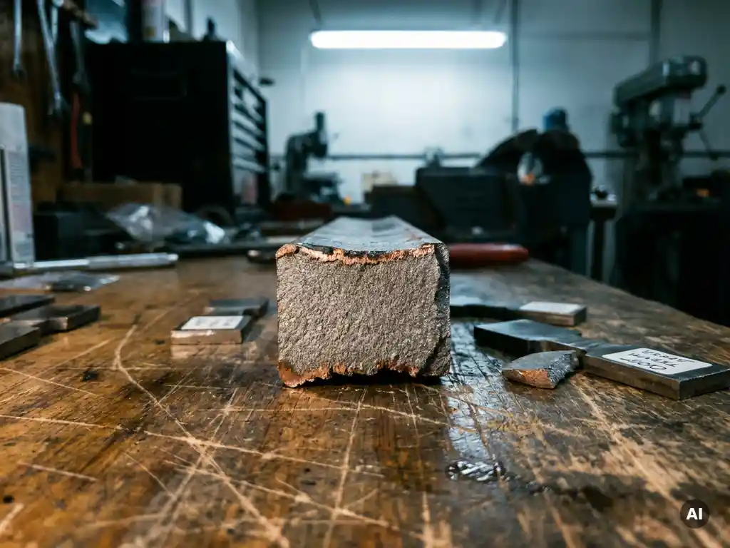 Fractured steel bar cross-section showing granular internal grain structure and copper-toned break edges on an industrial workbench.