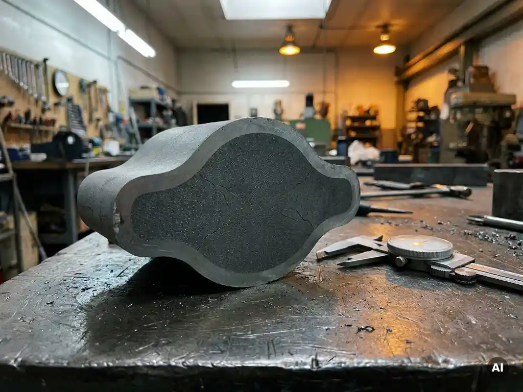 Cross-sectioned high-alloy steel forging showing internal crack pattern, with precision caliper on industrial workbench under amber workshop lighting.