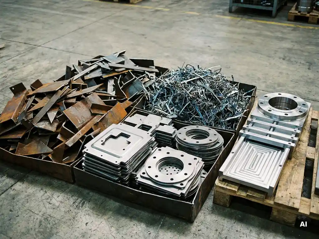 Sorted industrial steel scrap pile with jagged offcuts and stamped fragments beside a precision-machined sliding gate valve on a concrete factory floor.
