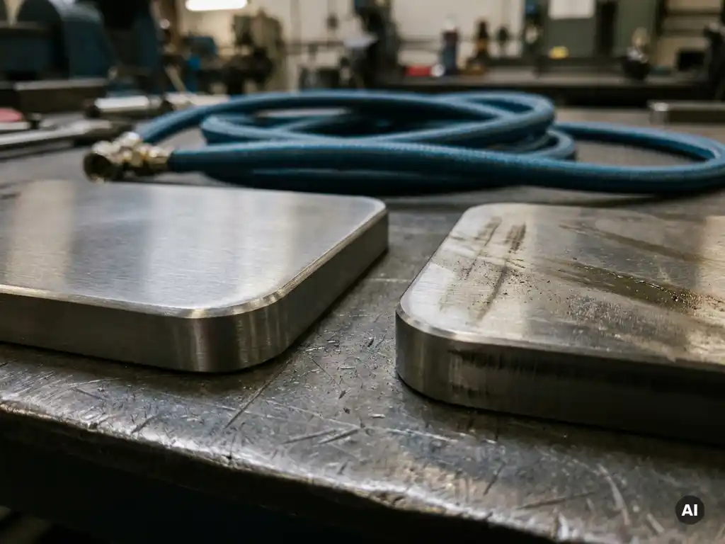 Two polished steel ladle slide gate plates on a workshop surface, one matte-clean, one with surface residue, argon gas hose coiled nearby.