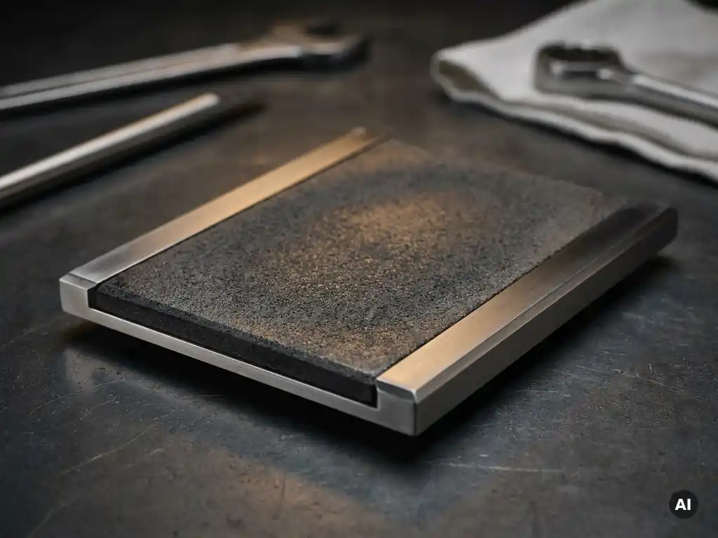 Polished steel ladle slide gate plate with refractory ceramic surface texture and precision-machined edges on an industrial workbench.