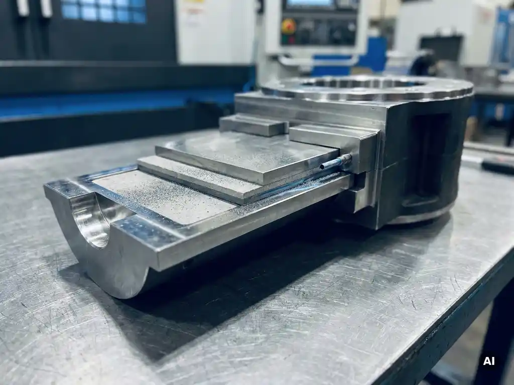 Cross-section of a ladle slide gate valve refractory plate on a steel workshop surface, with argon purging detail and metallic dust visible.