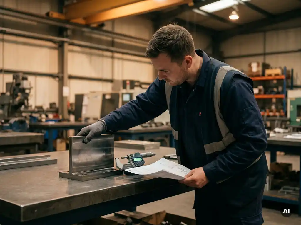 Quality control engineer inspecting a precision steel slide gate plate with calibration document and digital measurement device in an industrial workshop.