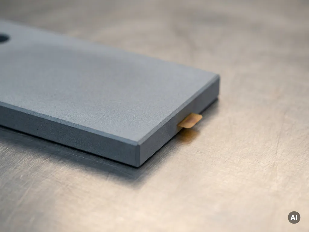 Refractory ceramic slide gate plate on steel workshop surface, showing dense grain texture and precision-machined edges.
