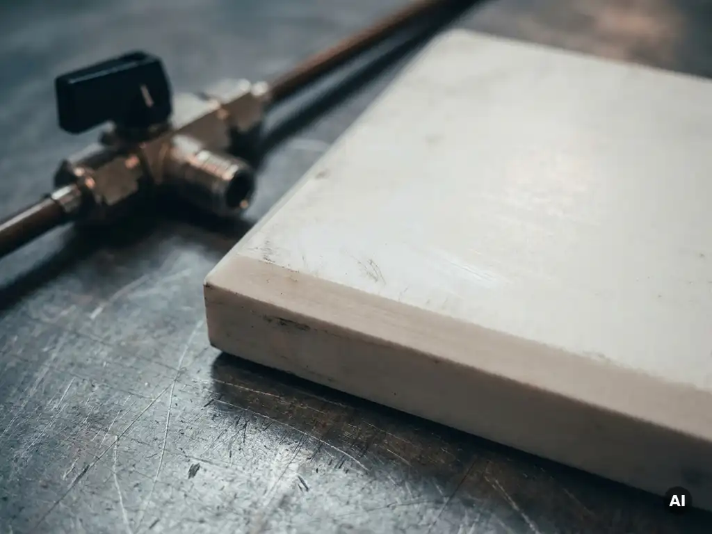 Precision-machined refractory slide gate plate with smooth ceramic surface on steel workshop bench, argon gas valve fitting nearby.