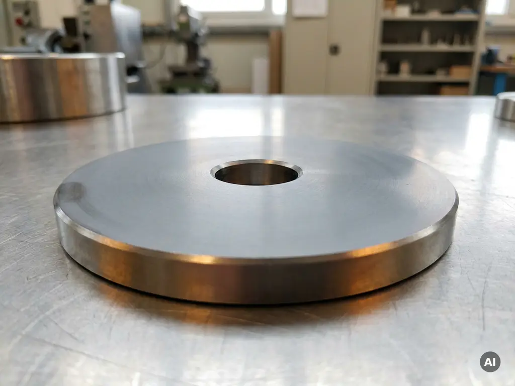 Polished refractory slide gate plate with precision bore hole resting on an industrial steel workbench.