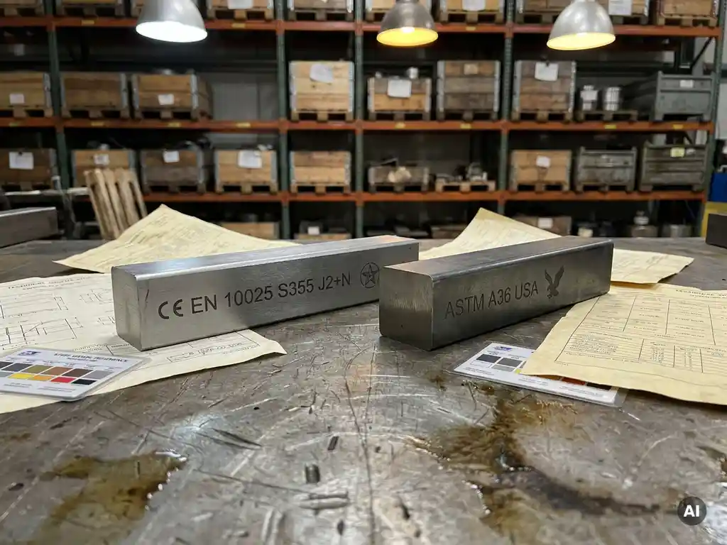 Two precision-machined steel bar samples with certification markings on a workshop surface, surrounded by technical specification sheets and grade reference cards.