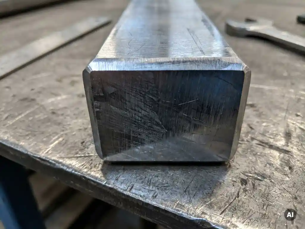 Polished steel billet cross-section showing dense crystalline grain structure and metallic surface texture under diffused industrial lighting.