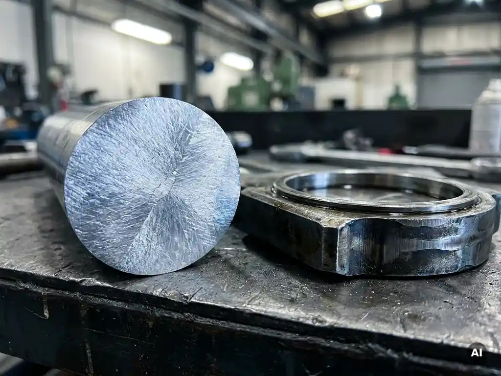 Polished steel billet cross-section showing fine metallic grain structure beside a ladle slide gate valve component on a dark industrial workbench.