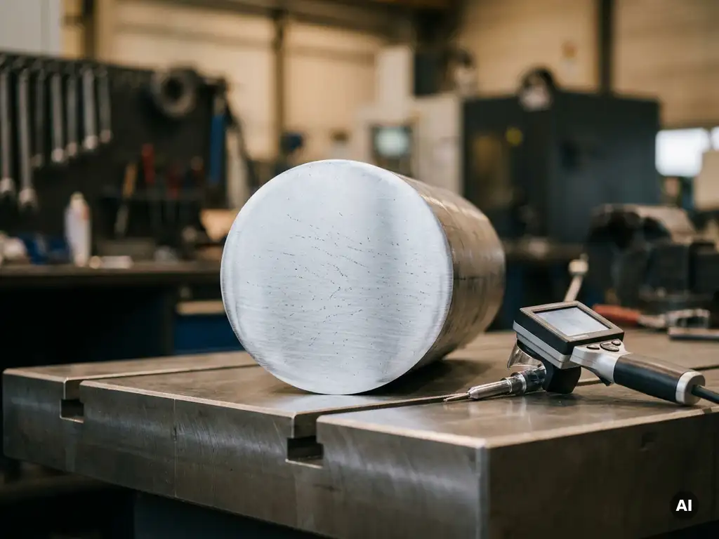 Polished steel billet cross-section beside a metallurgical inspection tool, microscopic inclusions visible on the cut face under warm workshop lighting.