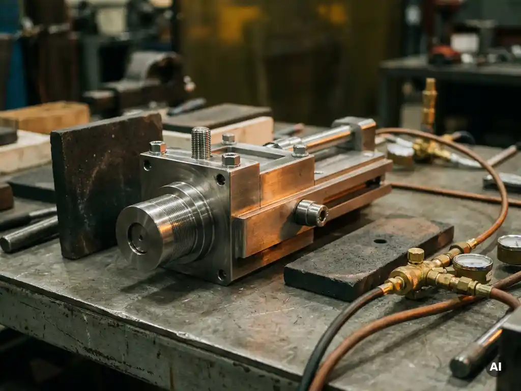 Steel ladle slide gate valve assembly on a workbench, surrounded by ceramic refractory plates and argon gas fittings, showcasing precision machining.