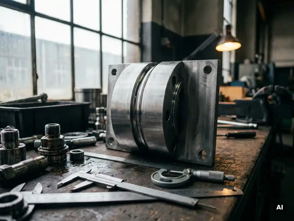 Precision-machined steel ladle slide gate valve on an industrial workbench surrounded by measurement tools and metallic fittings.