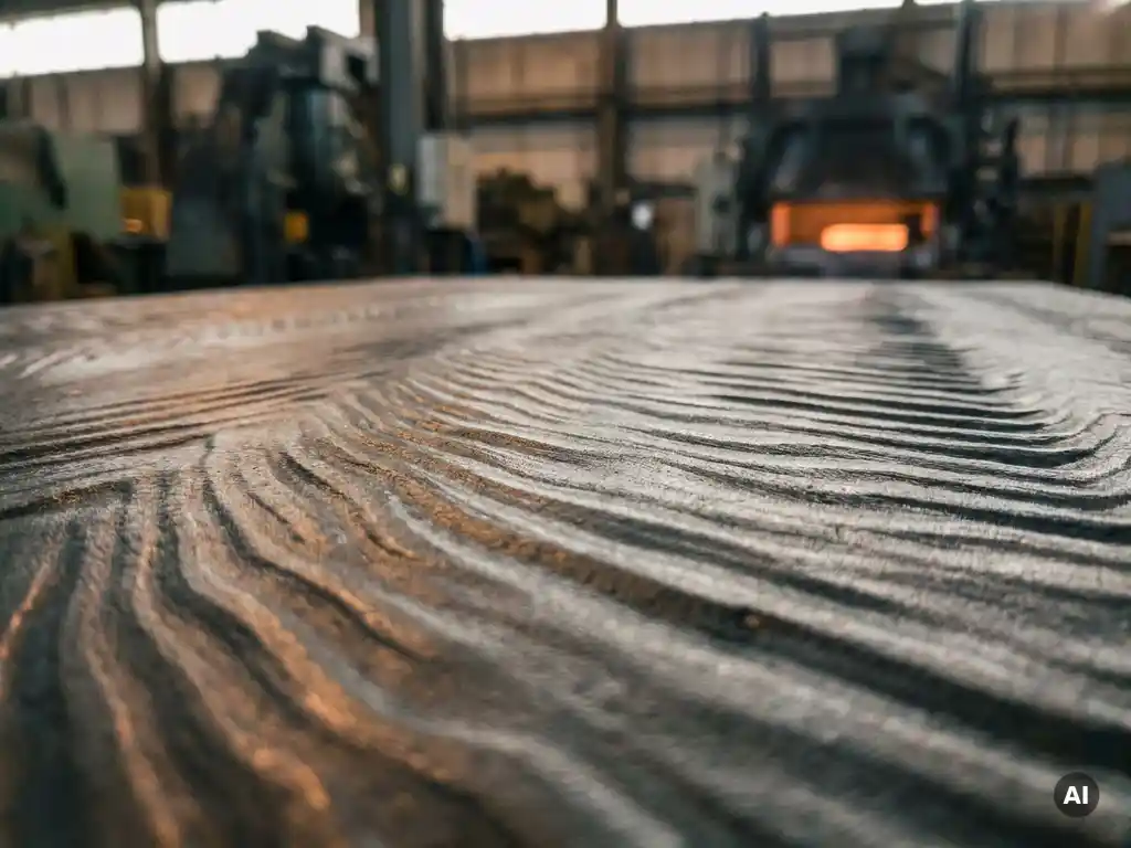 Freshly cast steel slab surface with rhythmic oscillation mark ridges, macro detail showing cool grey and charcoal tones in continuous casting.