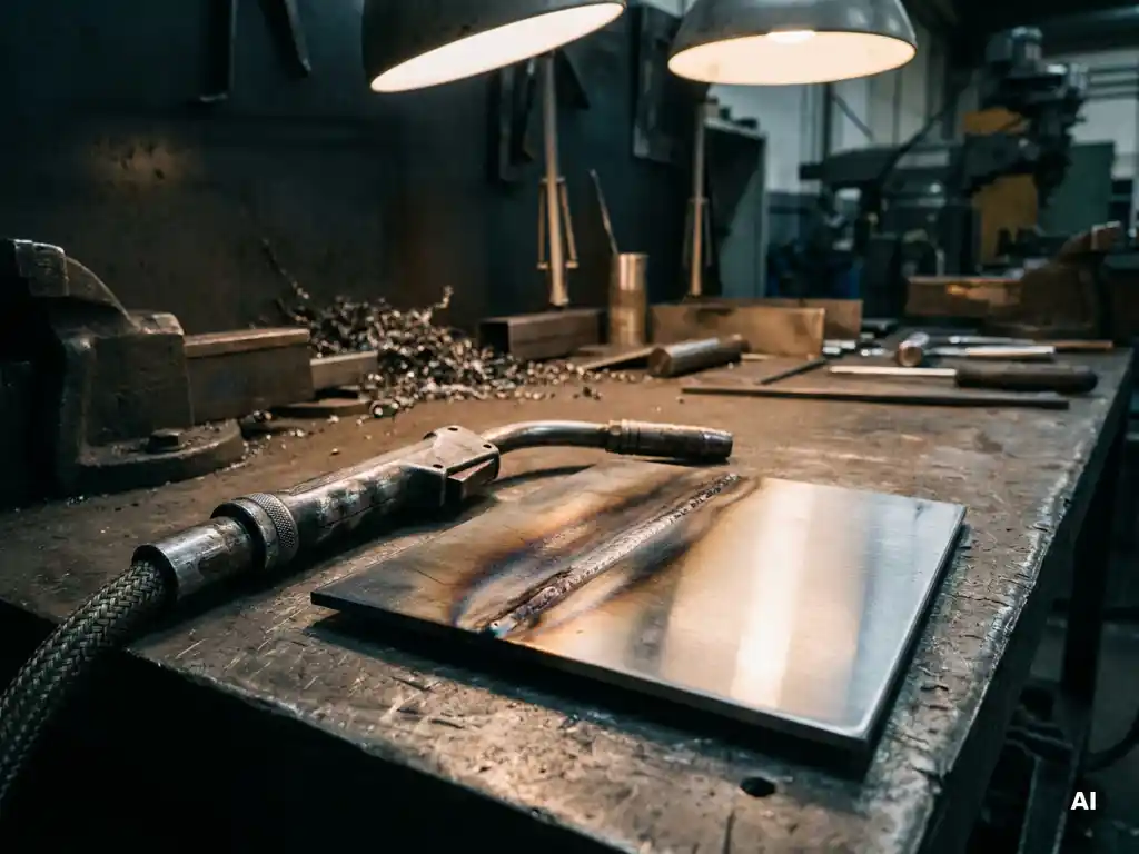 Steel welding torch beside a polished steel plate showing a heat-affected zone gradient fading from dark oxidation to clean silver metal on an industrial workbench.